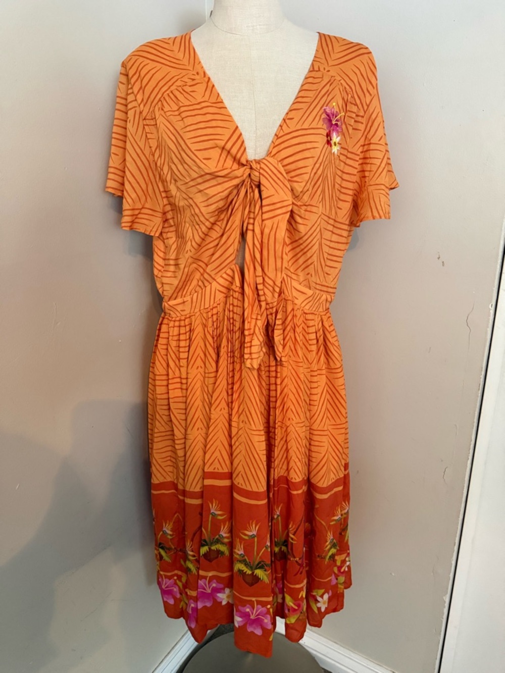 Disney Orange Tie-Front Midi Dress with Bird Border - Picture 4 of 11